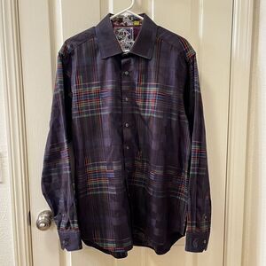 Robert Graham Rainbow Plaid Classic Fit Button Up Shirt Floral Contrast Cuffs XL